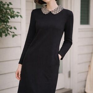 Talbots Black Long-Sleeve Dress with Leopard Print Peter Pan Collar